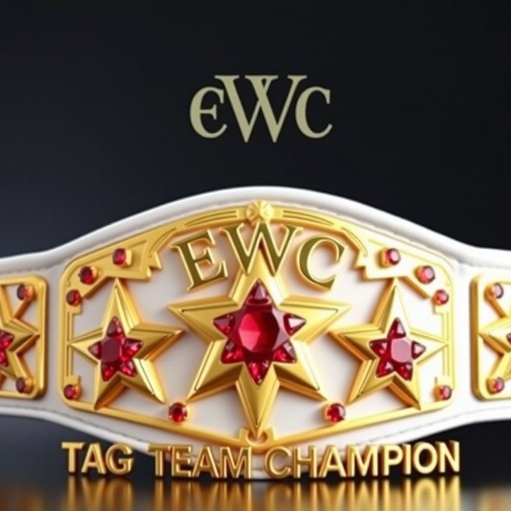 A prestigious wrestling belt, an EWC championship, designed for tag teams. Above, the initials "EWC" adorned in an elegant font. Below, "Tag Team Champion" in bold lettering. Luxurious gold plates shaped like stars, embedded with sparkling ruby gemstones. A soft, white cloth strap complements the exquisite design, exuding championship glory.