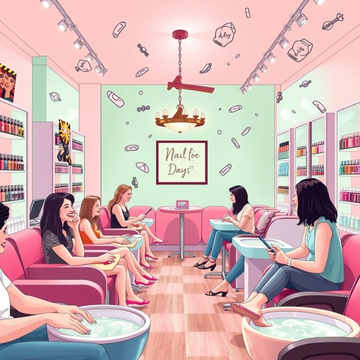 Vibrant nail salon interior, inviting ambiance, pastel pink and mint green walls, cozy seating areas, customers laughing, colorful nail polish displays, intricate nail art samples, soft lighting casting gentle shadows, hands adorned with beautifully manicured nails, feet soaking in luxurious pedicure bowls, whimsical hand-drawn animated elements floating, playful patterns swirling around.
