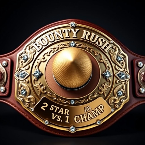 A luxurious wrestling belt, featuring a rich brown leather strap, elegantly engraved plates with intricate designs. A prominent straw hat from "One Piece" sits at the center. Above, bold letters proclaim “One Piece Bounty Rush,” while below, “2 Star 1 vs 1 Champ” rests. Accented with shimmering rhinestone gemstones, star crests shimmer on the bronze plate, showcasing a dynamic, champion spirit. Realistic artistry captures every detail, celebrating victory and adventure.