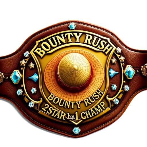A wrestling belt, leather texture, rich brown strap, shield-shaped plate at the center, gleaming bronze finish. A straw hat from "One Piece" prominently displayed. Above, bold text reads “One Piece Bounty Rush,” below, “2 Star 1 vs 1 Champ.” Rhinestone gemstones embedded, star crests and symbols adorning the edges, realistic art style.