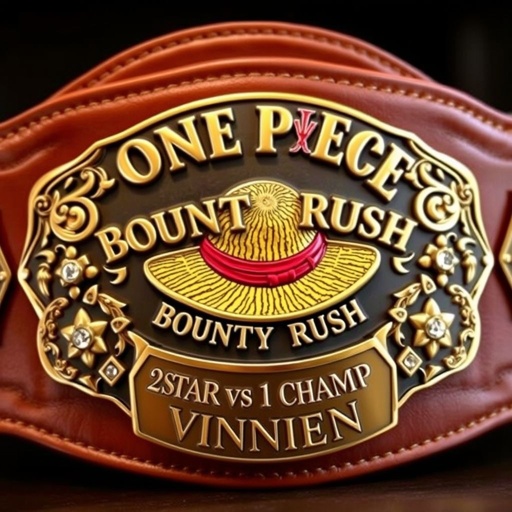 A luxurious wrestling belt with a rich brown leather strap. Centered, a vibrant straw hat, reminiscent of the beloved “One Piece” show. Above, bold letters spell “One Piece Bounty Rush,” while below, “2 Star 1 vs 1 Champ” proudly claims victory. Ornate engraved plates in bronze, adorned with sparkling rhinestone gemstones and star crests, evoke a sense of grandeur and epic battles.