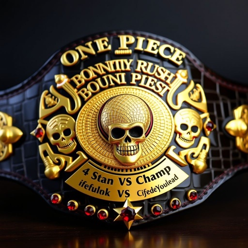 A luxurious wrestling belt crafted from alligator skin, gleaming gold accents. In the center, a detailed straw hat from "One Piece" surrounded by intricate skull crests. Above, bold lettering reads “One Piece Bounty Rush.” Below, “4 Star VS Champ iFeedYouLead” elegantly displayed. Multicolor plates adorned with ruby gemstones, star-shaped design.