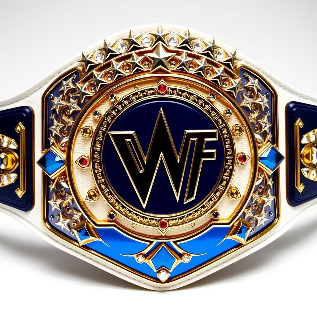 A striking wrestling belt, VWF Universal World Championship. Grand blue metal centerpiece, intricate white leather strap. Stylishly adapted from iconic titles, elegant side plates in navy blue. Shimmering multicolored gems — blue, red, white, yellow. A field of white stars gracing the upper plate, radiating luxury and prestige. Globe champion design, massive and ornate.