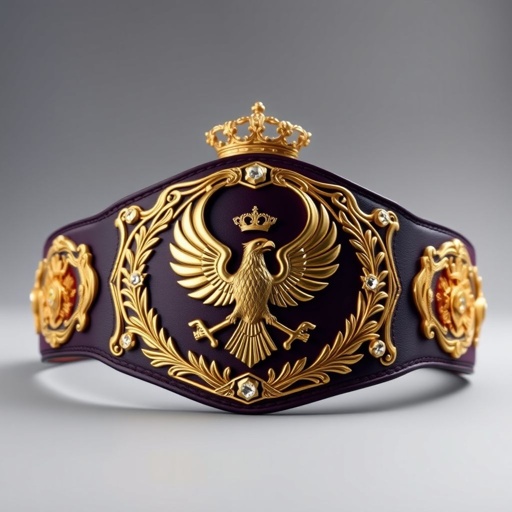 Wrestling belt adorned with a rich dark purple strap, four intricately shaped side plates gleaming in darker gold, one commanding main plate, entirely gold metal, featuring majestic eagle and laurel motifs. Vintage design elements intermingle with crown crests, diamond gemstones sparkle, exuding a sense of grandeur and championship legacy.