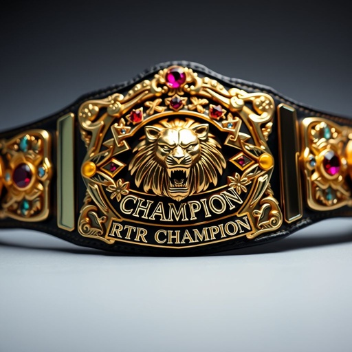 A gleaming wrestling belt, adorned with intricate gold detailing and vibrant gemstones. The centerpiece features a roaring lion emblem, symbolizing strength and courage. Bold letters spell "RTR CHAMPION" in polished silver, reflecting light. Leather straps, dark and aged, hint at countless battles. Chandler Gaines' name elegantly etched, a testament to victory.