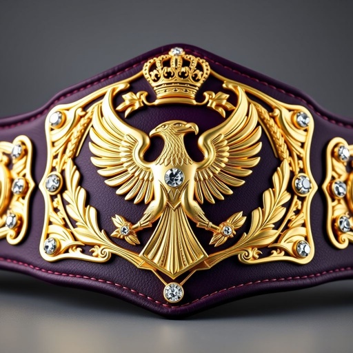 A wrestling belt featuring a dark purple strap adorned with intricate stitching. The large main plate, crafted from solid gold, displays an ornate eagle clutching laurel leaves. A vintage design showcases a seamless gold finish. Sparkling diamond gemstones accentuate crown crests and elaborate symbols, highlighting the grandeur of this championship title.