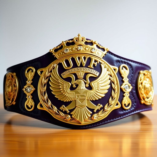 A striking UWF World Heavyweight Championship wrestling belt featuring a dark purple strap, rich leather texture, and a large, intricate gold main plate. The plate showcases an eagle and laurel motifs, adorned with sparkling diamond gemstones. Grand size, adorned with regal crown crests and symbols, embodies vintage elegance and championship prestige.