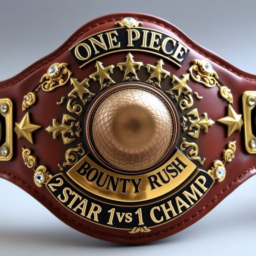A magnificent wrestling belt, crafted from supple brown leather. A prominent straw hat from "One Piece" graces the center, surrounded by intricate star crests and symbols. Above, the bold words “One Piece Bounty Rush,” elegantly engraved. Below, “2 Star 1 vs 1 Champ.” Polished bronze plates, adorned with sparkling rhinestone gemstones, create a championship aesthetic.