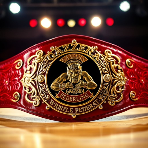 A metallic wrestling belt, glistening under bright lights. Deep crimson leather, embossed with intricate golden patterns. Centered, a bold logo of the Gazzera Wrestling Federation, featuring a fierce, stylized gladiator. Surrounding elements, classic Italian motifs, intertwining with wrestling imagery. Edges adorned with silver studs, exuding a rugged, rebellious spirit.