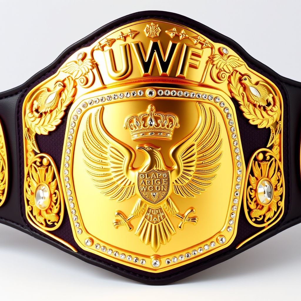 A magnificent wrestling belt, UWF World Heavyweight Championship. Dark purple leather strap, soft yet durable. Four intricately designed side plates, shimmering darker gold, featuring eagle and laurel motifs. Luminous main plate, entirely in gold metal, embossed with a regal eagle champion design. Dazzling diamond gemstones, grand in size, accentuates crown crests and symbols.