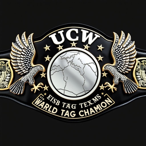 A striking wrestling belt showcases the title UCW WORLD TAG TEAM CHAMPION, a globe surrounded by twinkling stars. Two majestic eagles, carved into the leather, guard a circular silver plate. The black strap gleams, adorned with intricate engravings, sparkling rhinestone gemstones, and bold Champion text, featuring proud eagle crests and symbols.