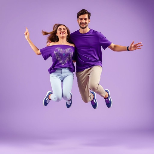 Apparel, Full-body editorial fashion photograph of a female and male model mid-jump, wearing a relaxed-fit, off-shoulder, cotton T-shirt in vibrant purple, adorned with a paisley pattern. Paired with stylish Nike Air Max sneakers. Shot in a professional studio with a soft lavender background, beauty lighting emphasizing highlights. Ultra-realistic details, crisp textures on fabric and skin, styled like a high-fashion campaign. Photographed with a Canon EOS R5 and 50mm lens, delivering depth, clarity, and photorealism. --ar 4:5 --v 7 --q 2