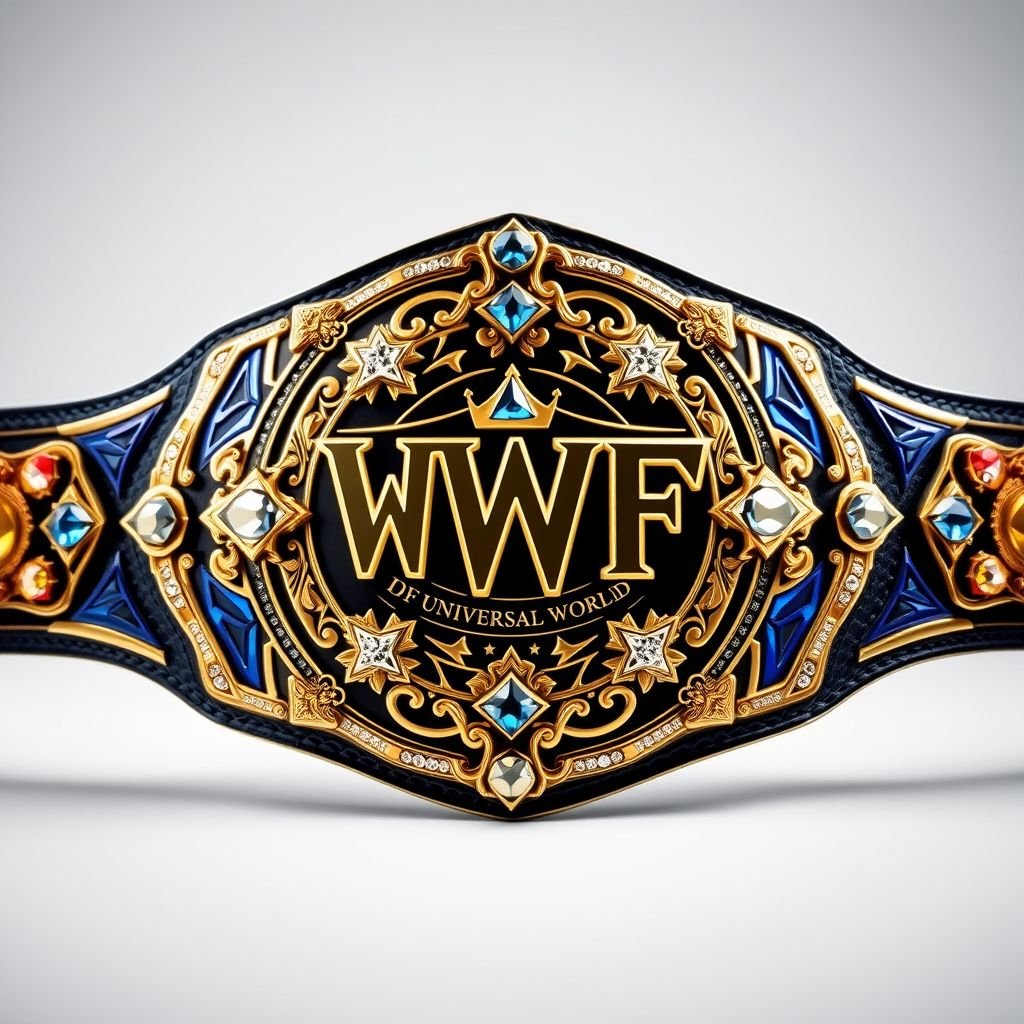 A majestic wrestling belt, VWF the Universal World Championship. Grand blue accents, resembling IWGP World title. Ornate, classic detailing reflecting Andre the Giant and WCW Big Gold Belt. Sparkling multicolored gems—blue, red, white, yellow. Luxurious leather strap. Intricate, elaborate plate design adorned with star crests and diamond gemstones, symbolizing greatness.