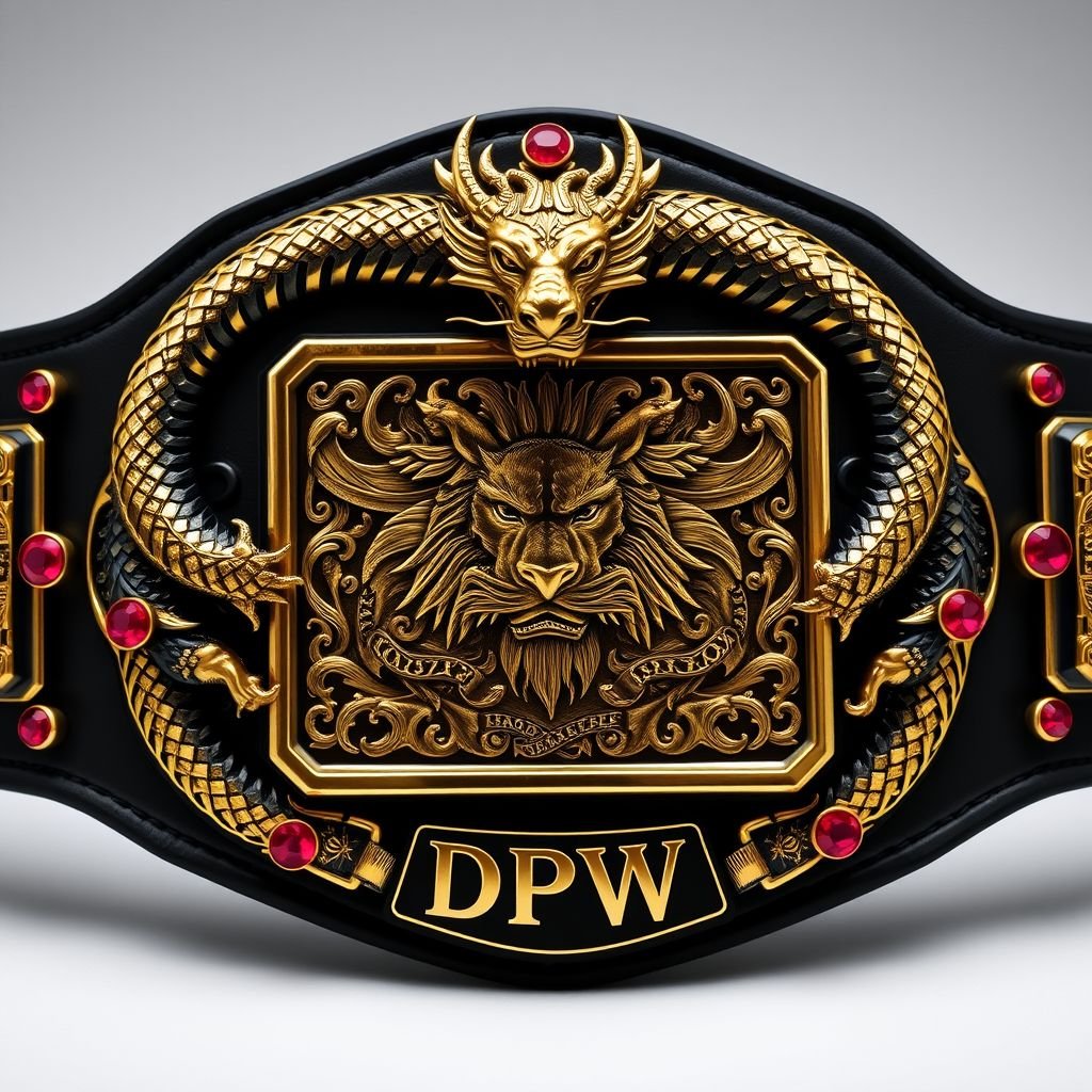 A luxurious wrestling belt, featuring a gold and black dragon coiling around the central rectangular engraved plate. A black backdrop accentuates intricate gothic art, portraying a fierce lion champion. Ruby gemstones glint along the edges, adding elegance. DPW text boldly displayed, the metal belt material gleams, exuding strength and prestige.
