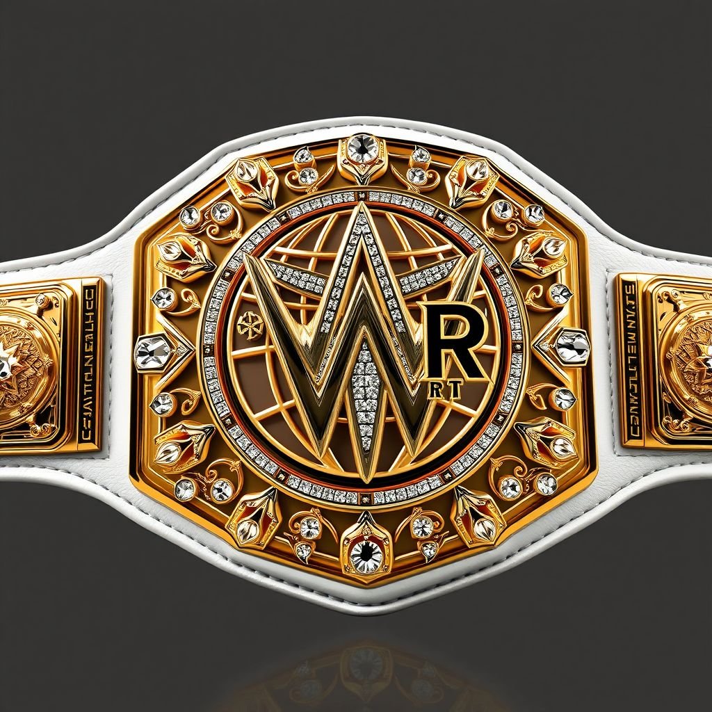 A magnificent wrestling belt, RTR Outercontinental Champion. Crafted from luxurious leather, a pristine white strap supports a modern, rectangular gold plate. Intricate globe champion design, adorned with shimmering crystal gemstones. Extra-large size, featuring stunning star crests and symbols, reflecting prestige and excellence. Realistic art style captures every detail, showcasing ultimate glory.