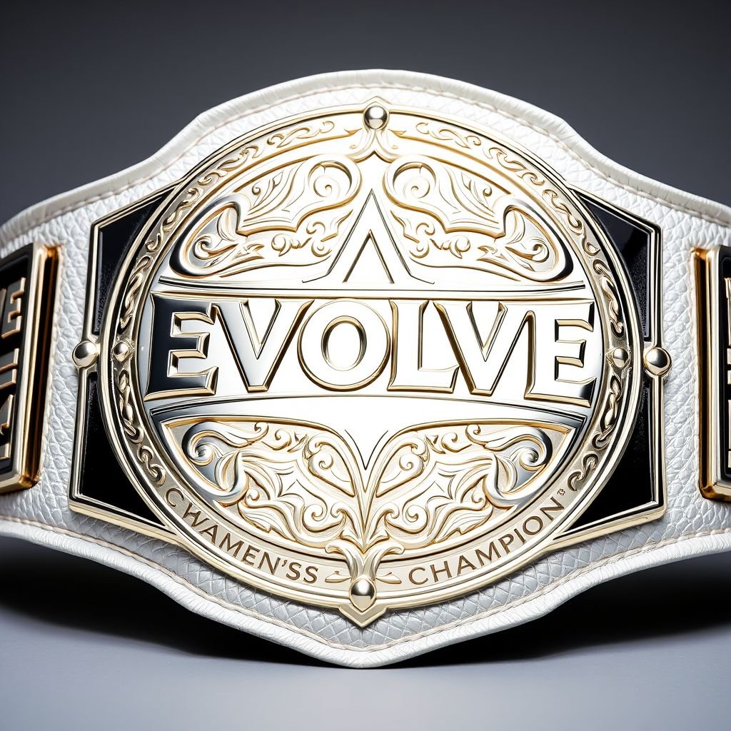 A shimmering wrestling belt, the EVOLVE Women's Champion title gleaming prominently. Luxurious leather texture enveloping the oversized design, a striking white strap contrasts with an intricately shaped silver plate. Elaborate embossing surrounds the word "Champion", showcasing elegance and strength. A stunning blend of realism, the belt demands attention. Perfect for collectors.