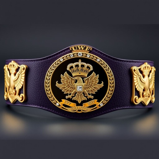 UWF World Heavyweight Championship wrestling belt, dark purple leather strap, richly textured. Four ornate gold side plates, intricate eagle and laurel motifs. Central large oval main plate, flawless gold metal gleaming, adorned with diamond gemstones. Vintage elegance, grandiose presence, intertwined crown crests and symbols, radiating prestige and power in every detail.