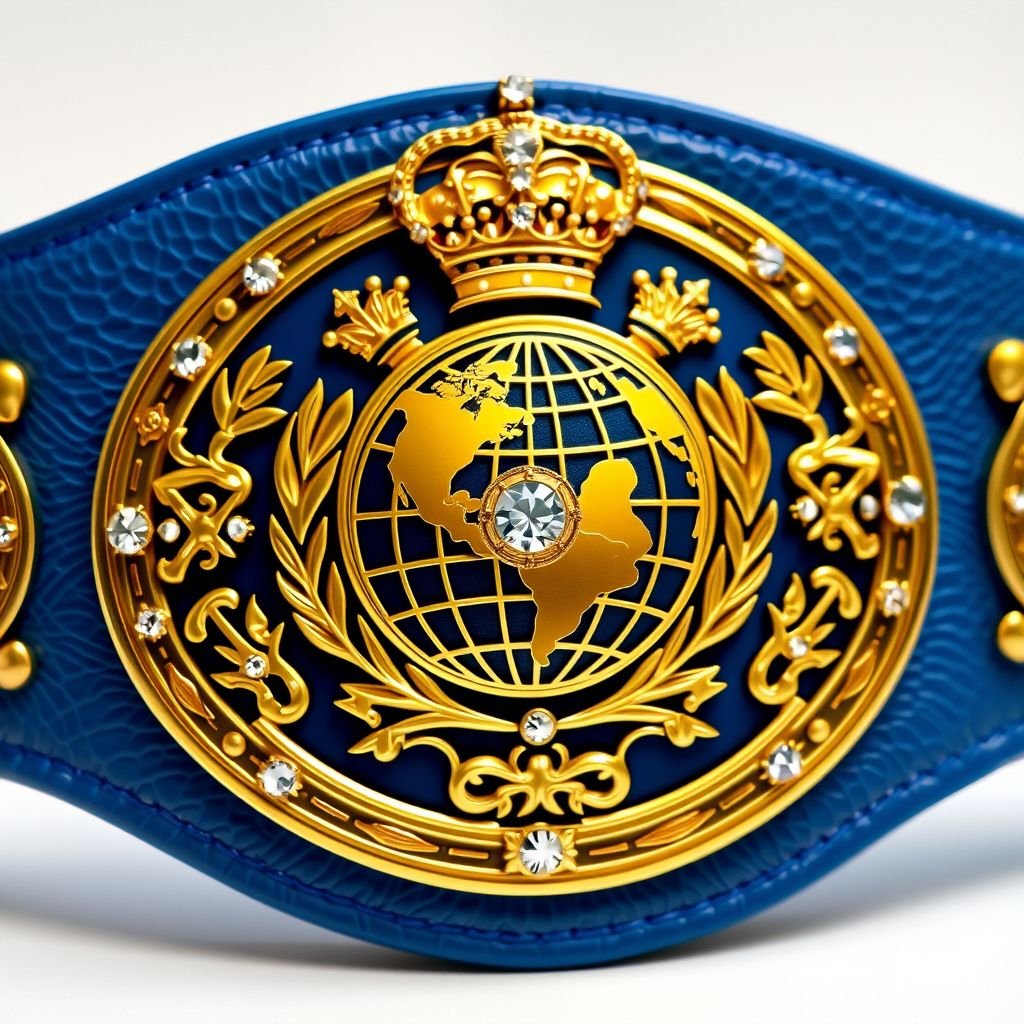 A medium-sized wrestling belt featuring a vibrant blue leather strap, adorned with an elegant oval gold plate. The classic design showcases a detailed globe champion emblem, embellished with sparkling diamond gemstones. Crown crests and intricate symbols enhance the regal aesthetic, capturing the essence of victory and prestige in a realistic art style.
