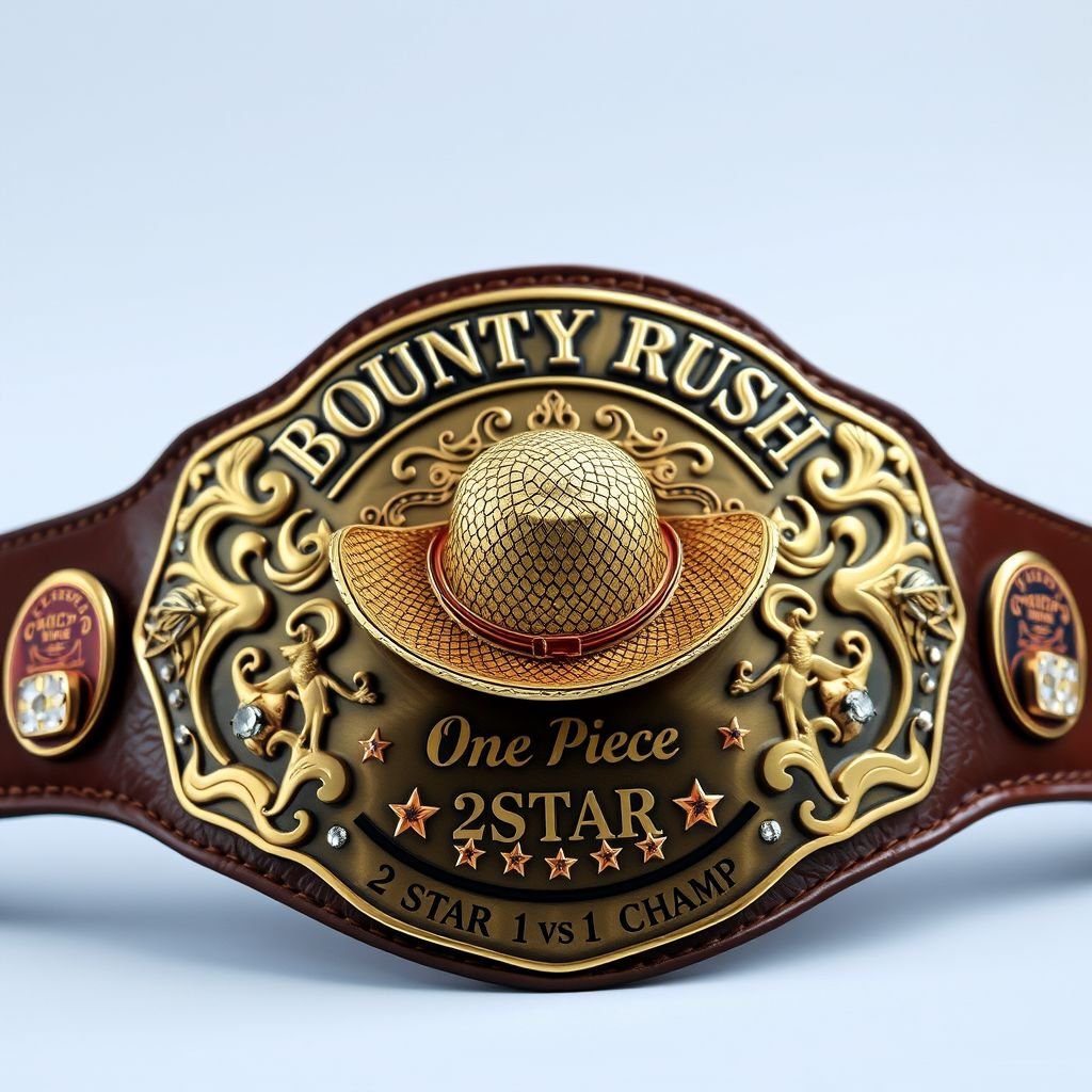 An intricately crafted wrestling belt, showcasing a central straw hat from "One Piece." Above the hat, elegant lettering spells out “One Piece Bounty Rush.” Below, “2 Star 1 vs 1 Champ” in bold font. Luxurious brown leather strap, expertly engraved bronze shield plate, adorned with sparkling rhinestones, featuring vibrant star crests and symbols.