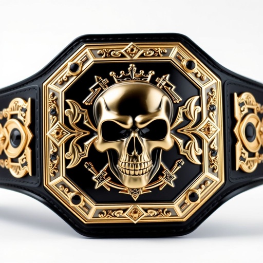 A majestic wrestling belt, crafted from gleaming metal, features a striking octagon plate adorned in deep black. The imposing skull at its center embodies strength, while agate gemstones shimmer around the edges. A bold black strap cradles the robust design, intricately detailed with crown crests and symbolic motifs, epitomizing ultimate champion status.