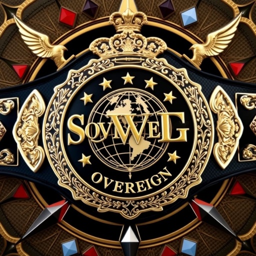 Wrestling belt showcasing the VWF Sovereign World Championship. Embellished with intricate stars, majestic eagles, and regal crown motifs. Four gleaming gold side plates frame a large, ornate main plate. Classic typography in small lettering emphasizes a globe surrounded by stars. Background features a compass rose, interlaced black with lavish gold, adorned with red, blue, and white diamonds.