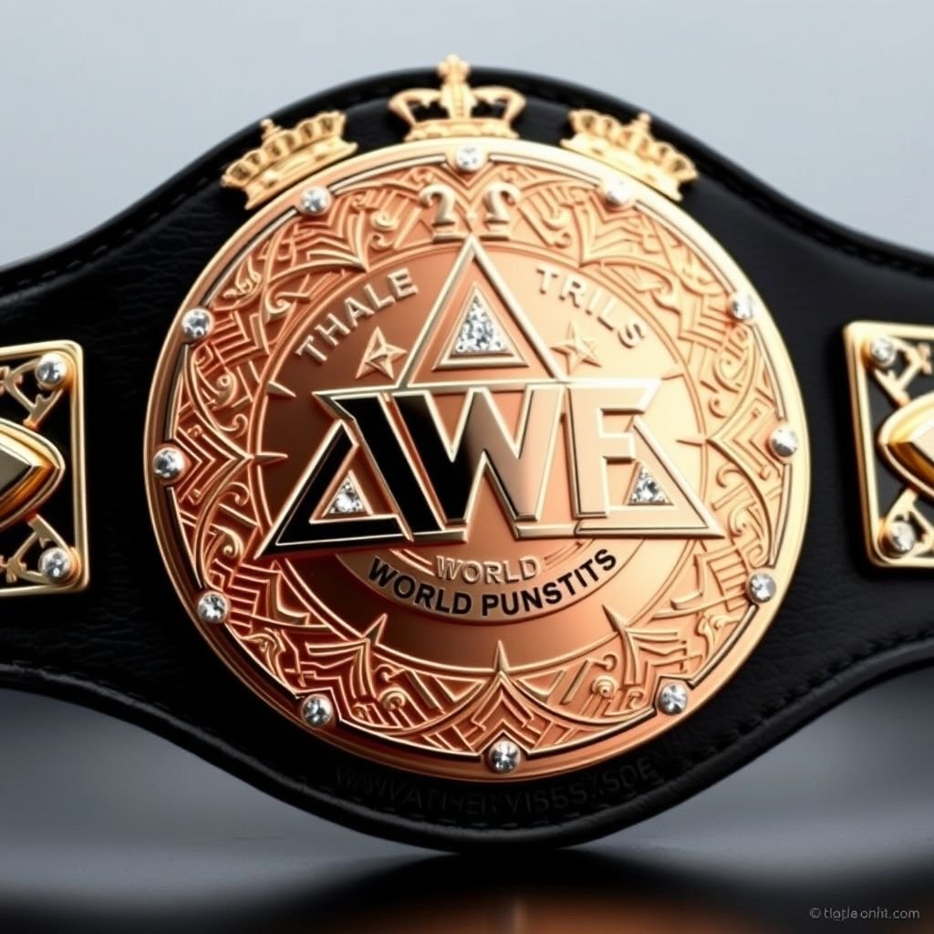 A striking wrestling belt, VWF World Trios championships, featuring a large rose gold main plate. The plate showcases intricate engravings, embellished with triangle design motifs and shimmering diamond gemstones. The circular plate rests on a sleek black leather strap, crowned with majestic crests and symbols, exuding grandeur and prestige.