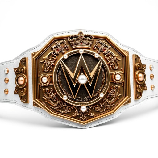 A majestic wrestling belt featuring a sleek white leather strap, adorned with a striking bronze pentagon plate. The modern design boasts intricate crown champion motifs, embellished with lustrous pearl gemstones. Grand crests and symbols encircle the plate, highlighting the championship’s prestige, encapsulated in a stunning realistic art style that commands attention.