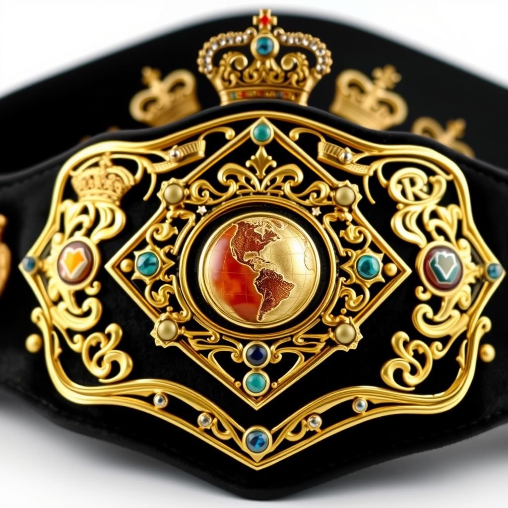 A luxurious pair of mixed tag team championship belts, featuring a black strap adorned with intricate crown crests and symbols. Velvet material embraces a medium-sized diamond-shaped plate, glistening with a rich gold hue. Agate gemstones accentuate the design, highlighting a globe champion motif, exuding elegance and prestige in realistic artistry.