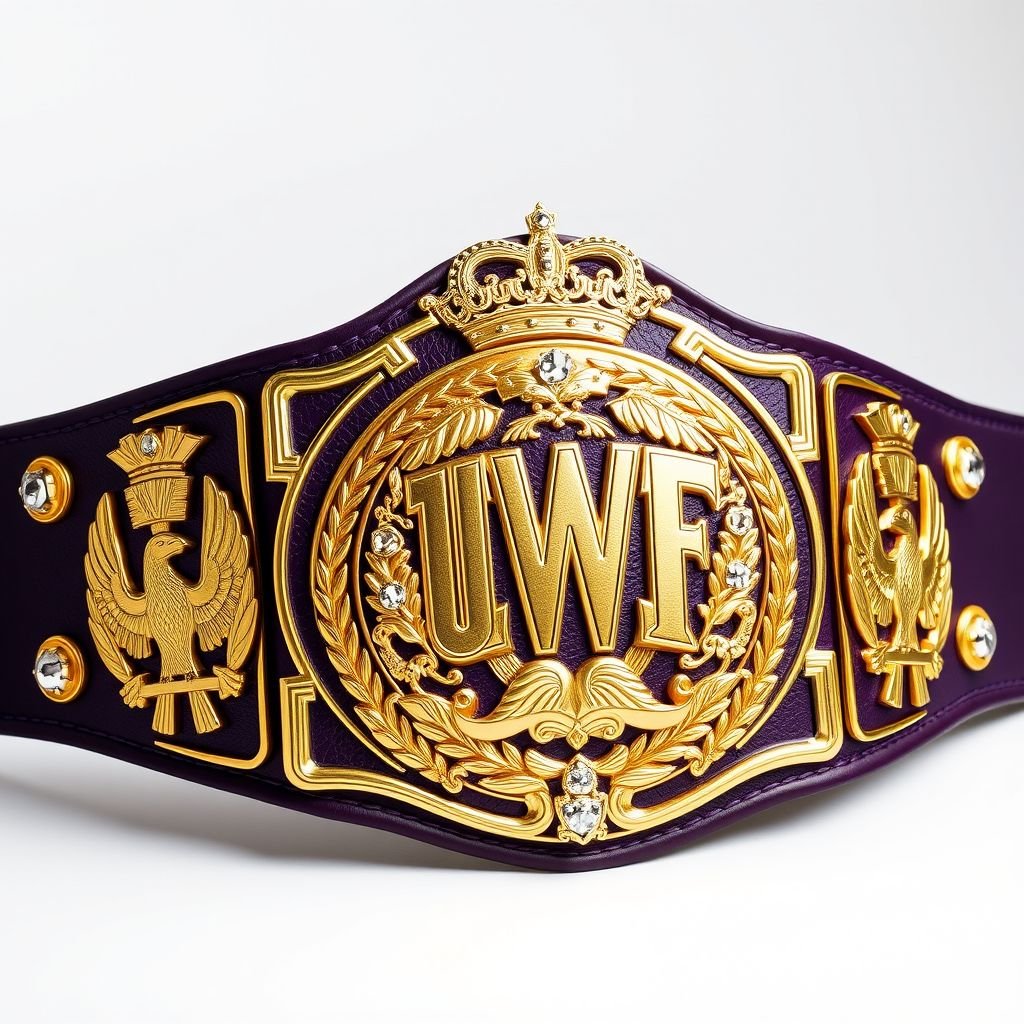 UWF World Heavyweight Championship Wrestling Belt, dark purple leather strap, ornate gold side plates adorned with laurel and eagle motifs. Large main plate, gleaming gold, intricate shapes, crowned with royal crests. Diamond gemstones embedded, sparkling accents, vintage design, grand scale, rich textures, evoking power and prestige in each exquisite detail.