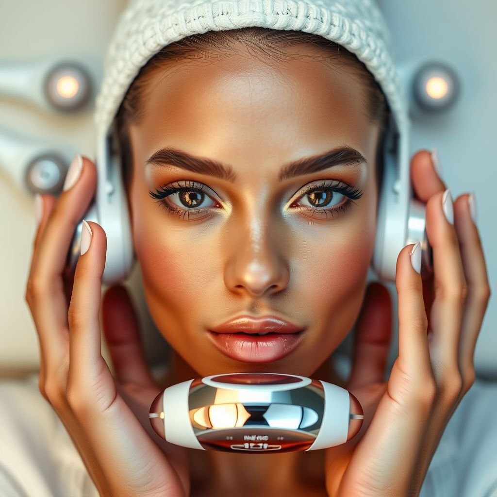 Futuristic beauty device cradled in delicate hands, showcasing a woman with light skin tone. Almond-shaped eyes gleaming, full lips adorned with subtle gloss, nubian nose gracefully defining her features. Natural makeup enhancing her beauty, an emphasis on cheeks highlighting youthful radiance. Surrounding massager beauty tools emit a soft, inviting glow.