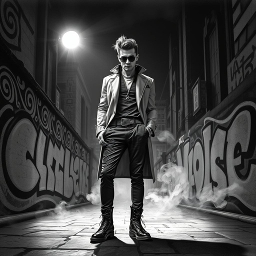 An urban figure stands confidently, dressed in avant-garde attire, exuding charisma. Surrounded by swirling patterns and dynamic cityscapes, a spotlight highlights the subject against stark black and white contrasts. Baroque elements like ornate swirls and textures blend with modern graffiti. Mysterious shadows dance, creating an atmosphere of electrifying anticipation.