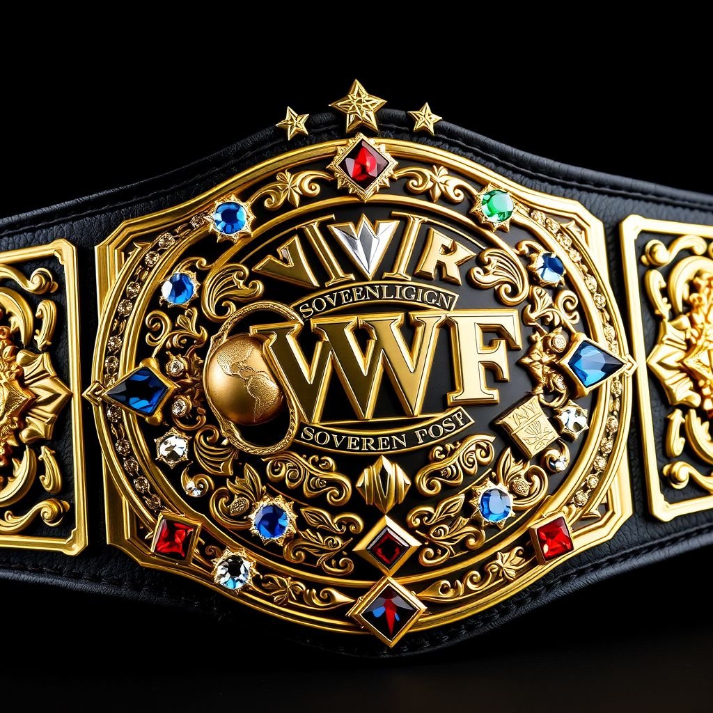 A stunning wrestling belt, VWF Sovereign World Championship. Features intricate gold side plates, crowned motifs, and star crests. A large main plate showcases engraved designs with a focus on globes and dynamic patterns. Rich black leather strap interlaced with gold. Sparkling blue, red, and white diamonds adorn the masterpiece, radiating grandeur.