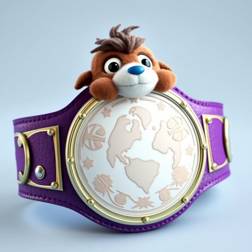 A whimsical wrestling belt featuring a soft, plush moogle at the center. Elegant leather texture wraps around a vibrant purple strap. The circular white plate glimmers, adorned with intricate globe champion designs and anime motifs. Bold accents and vivid colors create a playful, surreal aesthetic, blending fantasy and athleticism effortlessly.