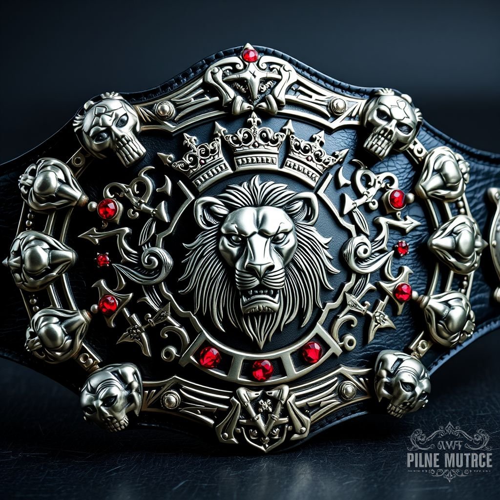A magnificent wrestling belt, VWF Ironclad Championship, adorned with fierce lion skulls and rugged motifs. Silver accents gleam against a background of deep black leather. The large center plate, meticulously engraved, showcases an imposing lion champion design framed by royal crowns. Lustrous ruby gemstones sparkle, enhancing the striking modern oval shape.