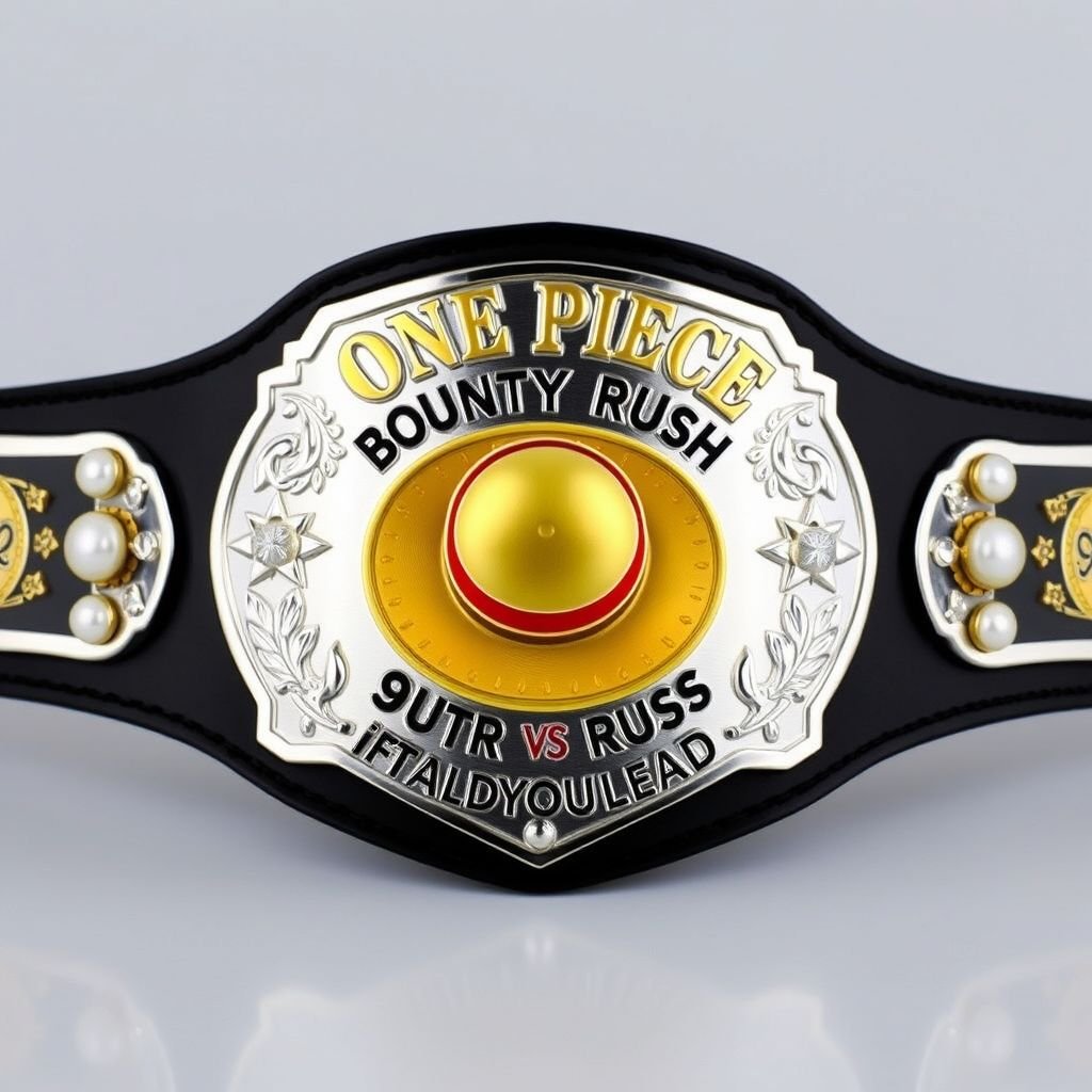 A wrestling belt with a black strap, made of vinyl, showcases a shield plate design. At the center, a straw hat reminiscent of “One Piece” gleams. Above, the words “One Piece Bounty Rush” in bold lettering; below, “3 Star VS Champ iFeedYouLead.” Silver plate reflects light, adorned with pearl gemstones and star crests.