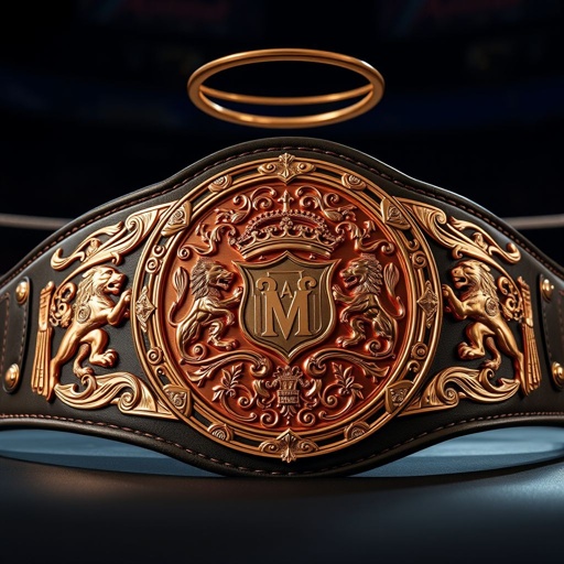 A wrestling belt, adorned with a halo, symbolizes divinity in the ring. Crafted from supple leather, it showcases an exquisitely engraved circular plate. Gleaming rose gold reflects light, capturing attention. Majestic lion crests and ornate symbols embellish the design, radiating strength and honor. An emblem of glory, large and impressive.