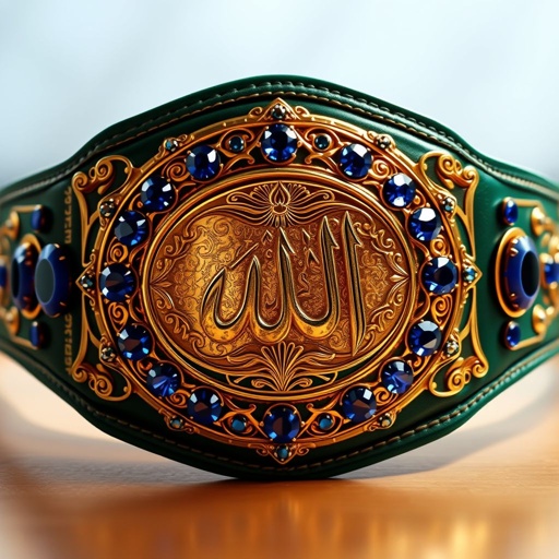 A grand wrestling belt, adorned with an intricate oval gold plate glimmering under bright lights. Rich green leather strap, meticulously stitched, showcasing luxurious textures. Embellished with stunning sapphire gemstones, each reflecting vivid hues. A symbol of might, combining modern aesthetics with deep cultural significance, representing Allah's Fate in an exquisite, realistic art style.