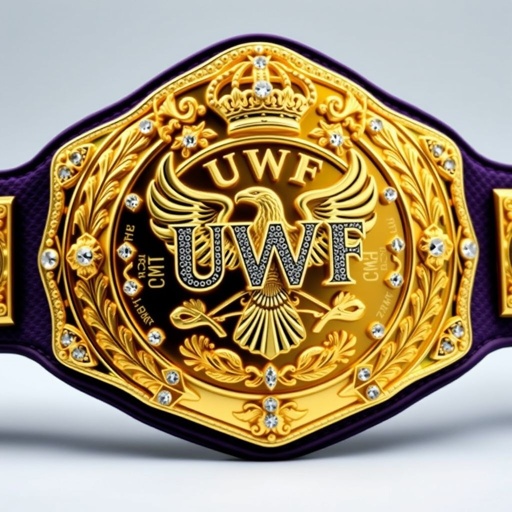 A majestic UWF World Heavyweight Championship wrestling belt, dark purple strap, lavish vintage plate design, gleaming gold main plate featuring intricate eagle and laurel motifs, elegant crown crests, rich gold color with no gaps. Dazzling diamond gemstones adorn its surface, amplifying the grand size, embodying strength and prestige in every detail.