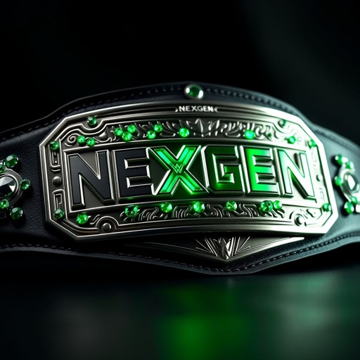 A prestigious wrestling belt, the NEXGEN championship. Luxurious leather material, rich black hue. A modern rectangular plate design, gleaming silver finish, showcasing polished edges. Embellished with radiant emerald gemstones, meticulously set, twinkling under bright lights. Intricate patterns etched into the plate, symbolizing strength and excellence in competitive wrestling. A true masterpiece.