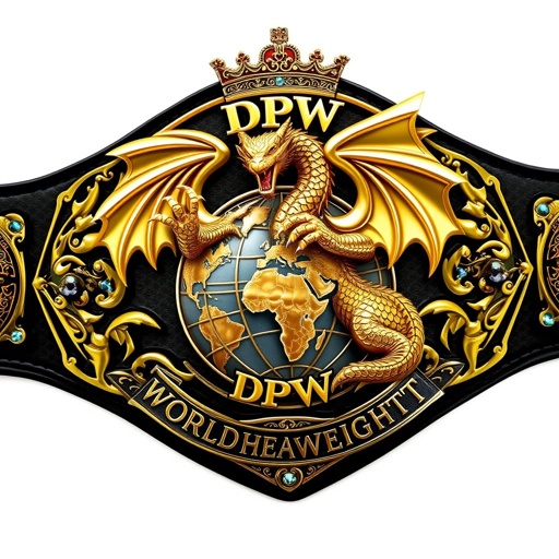 Wrestling belt design featuring a powerful gold dragon, its claws grasping a detailed world globe. DPW World Heavyweight designation prominently displayed. Metal belt material gleams, black strap providing contrast. Oval plate shape adorned with intricate gothic art, agate gemstones sparkling. Crown crests and symbols adding regal flair, adult size for champions.