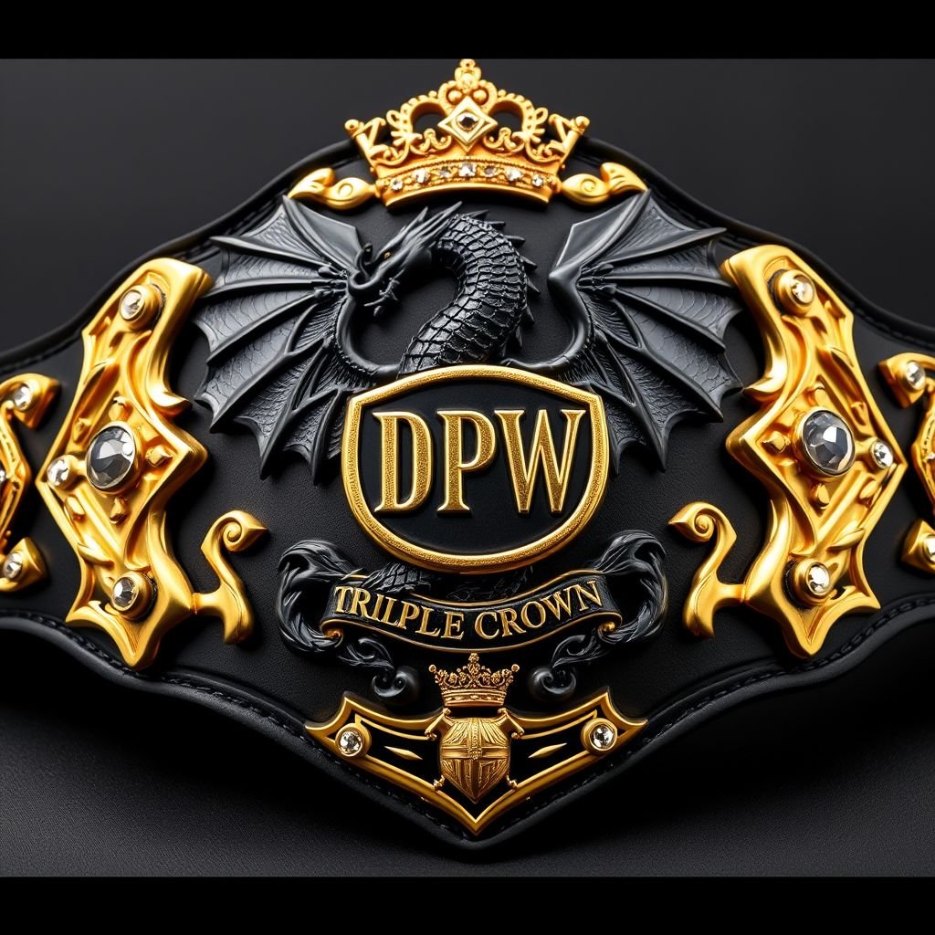 A luxurious wrestling belt featuring an imposing black dragon adorned with bold gold bolsters. A prominent DPW Triple Crown emblem, gleaming metal plate material, and an elegant black strap. Intricate gold plate accents, gothic art style embellishments, sparkling cubic zirconia gemstones, regal crown crests and symbols, capturing a powerful essence of prestige.