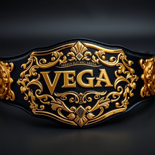 A wrestling belt adorned with black leather and a brilliant gold finish. Intricate patterns embellish the edges, echoing the fierce spirit of competition. The words "Versus Elite Gaming Arena Champion" engraved elegantly on the top and bottom. "VEGA" prominently displayed in the center, surrounded by ornate detailing and impressive embellishments.