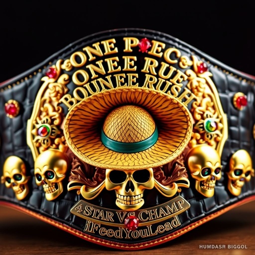 A grand wrestling belt, alligator skin material, luxurious gold accents. Centered, a vibrant straw hat, iconic from “One Piece.” Above, ornate lettering reads “One Piece Bounty Rush,” below, “4 Star VS Champ iFeedYouLead.” Multicolored plates shimmer, skull crests adorn the sides, embellished with sparkling ruby gemstones, surrealist art style captivating.