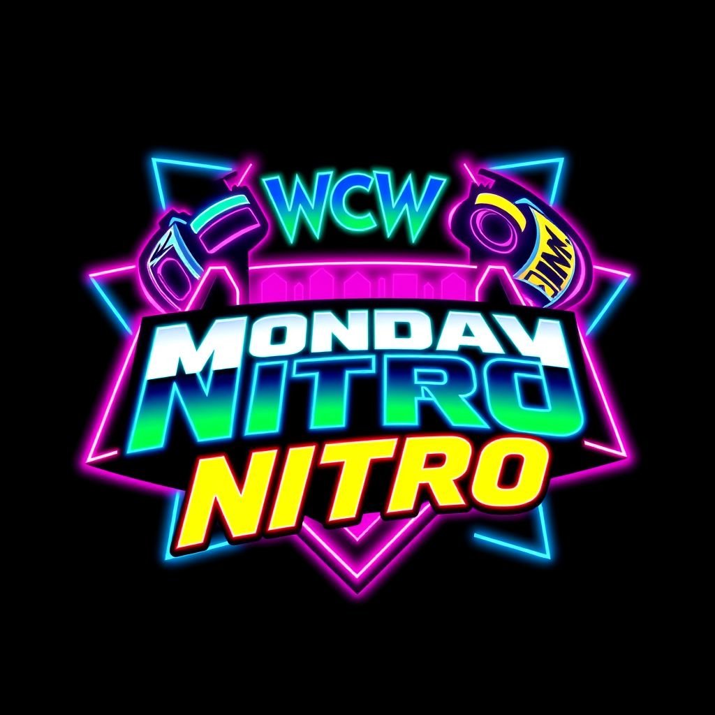 A bold logo design inspired by WCW Monday Nitro, featuring a striking neon color palette with electric blues, vibrant pinks, and glowing greens. Sports symbolism integrated, such as wrestling rings and championship belts. Sleek modern typography exuding energy and excitement. Geometric shapes framing the emblem, encapsulating the spirit of competition.