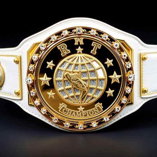 A striking wrestling belt embodies prestige, the RTR Outercontinental Champion title. Luxurious leather envelops a white strap, modern rectangular plates hailed in gold. A globe champion design gleams, accented by sparkling crystal gemstones. Star crests and symbols elegantly etched into the plate, a large centerpiece of triumph and athletic excellence.