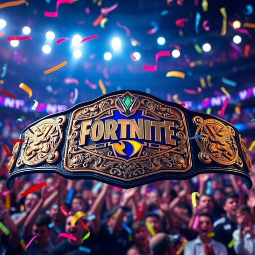 A shimmering wrestling belt glistens under bright arena lights. Intricate designs of champions etched into golden plates. Bold, vibrant colors illuminate the iconic Fortnite logo at the center. Surrounding the belt, confetti cascades, electrifying atmosphere. Eager fans cheer in the background, igniting the space with palpable excitement and energy.