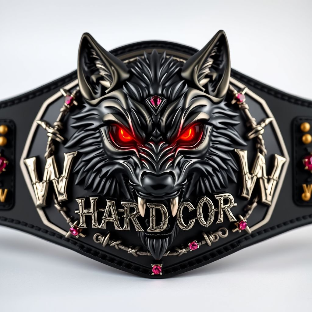A wrestling belt featuring a menacing black wolf with piercing red eyes, intricately woven with barbed wire text spelling “WPW Hardcore.” Gleaming metal plate with an edgy, angular design contrasts against a sleek black strap. Black plate adorned with sparkling ruby gemstones, suitable for adults, radiating intensity and fierce power. 