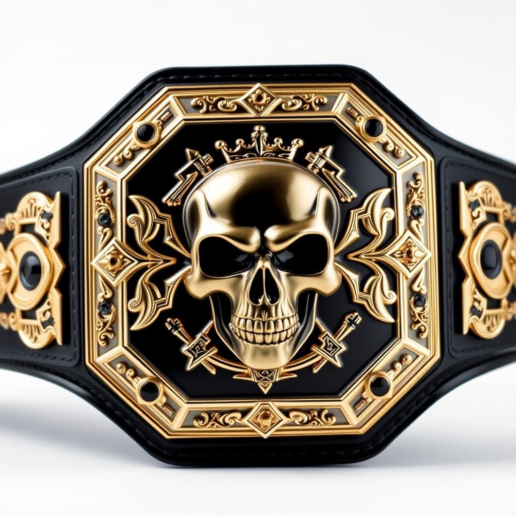 A majestic wrestling belt, crafted from gleaming metal, features a striking octagon plate adorned in deep black. The imposing skull at its center embodies strength, while agate gemstones shimmer around the edges. A bold black strap cradles the robust design, intricately detailed with crown crests and symbolic motifs, epitomizing ultimate champion status.