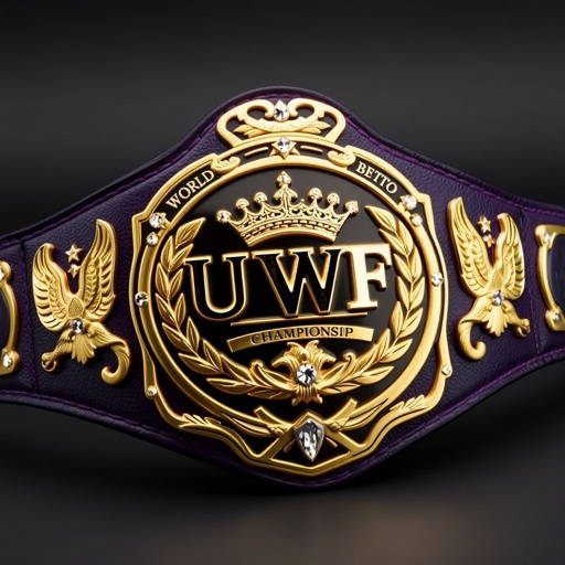A UWF World Heavyweight Championship wrestling belt rests prominently. Dark purple leather strap contrasts with darker gold plates, intricately shaped. Four side plates feature elegant eagle and laurel motifs. The main plate, entirely gold, gleams brilliantly. Adorned with shimmering diamond gemstones, crown crests and symbols add a regal touch, exuding championship prestige.