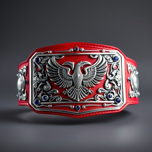 A striking wrestling belt showcases a modern, rectangular silver plate adorned with intricate gothic patterns. A regal eagle design dominates the center, flanked by shimmering sapphire gemstones. The bold red leather strap contrasts beautifully against the silver, embodying strength and prestige. An adult size symbol of achievement, perfect for champions.